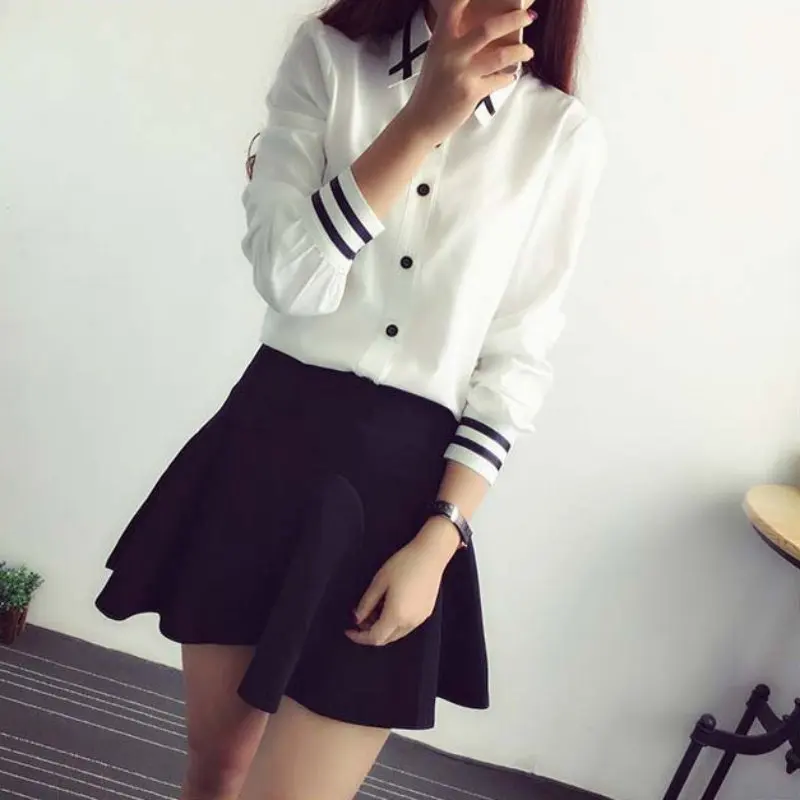 Acheter 2017 Printemps Été Femmes Office Lady Turn down Collar Manches Longues Blouse École Coton Doux Casual Blanc Plus La Taille shirt Tops