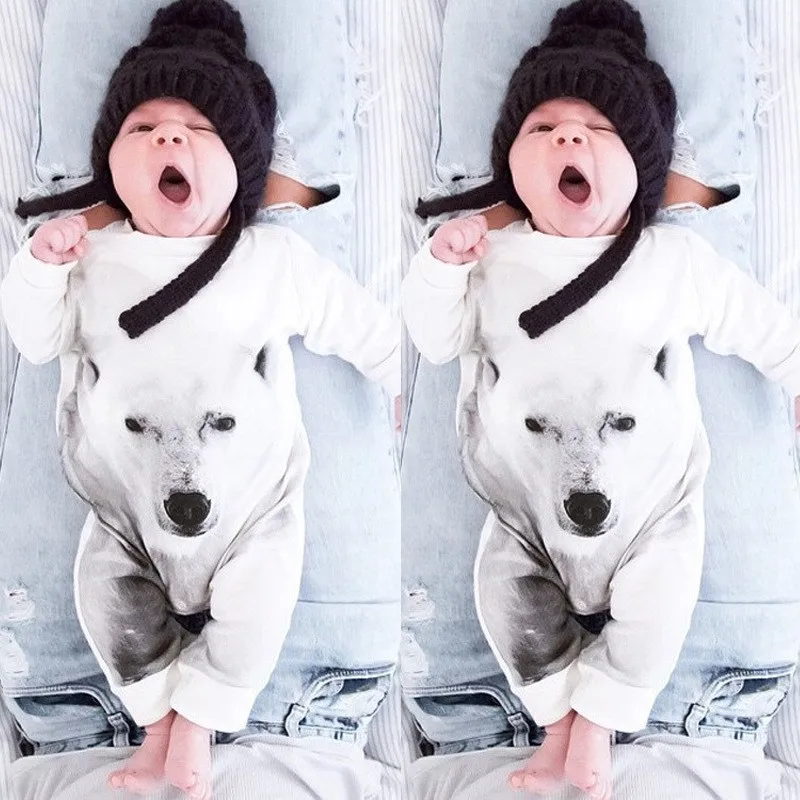 Barboteuse A Manches Longues Pour Nouveau Ne Combinaison Blanche A Motif De Loup Vetements Pour Bebes Garcons Et Filles Pour Printemps Et Automne Aliexpress