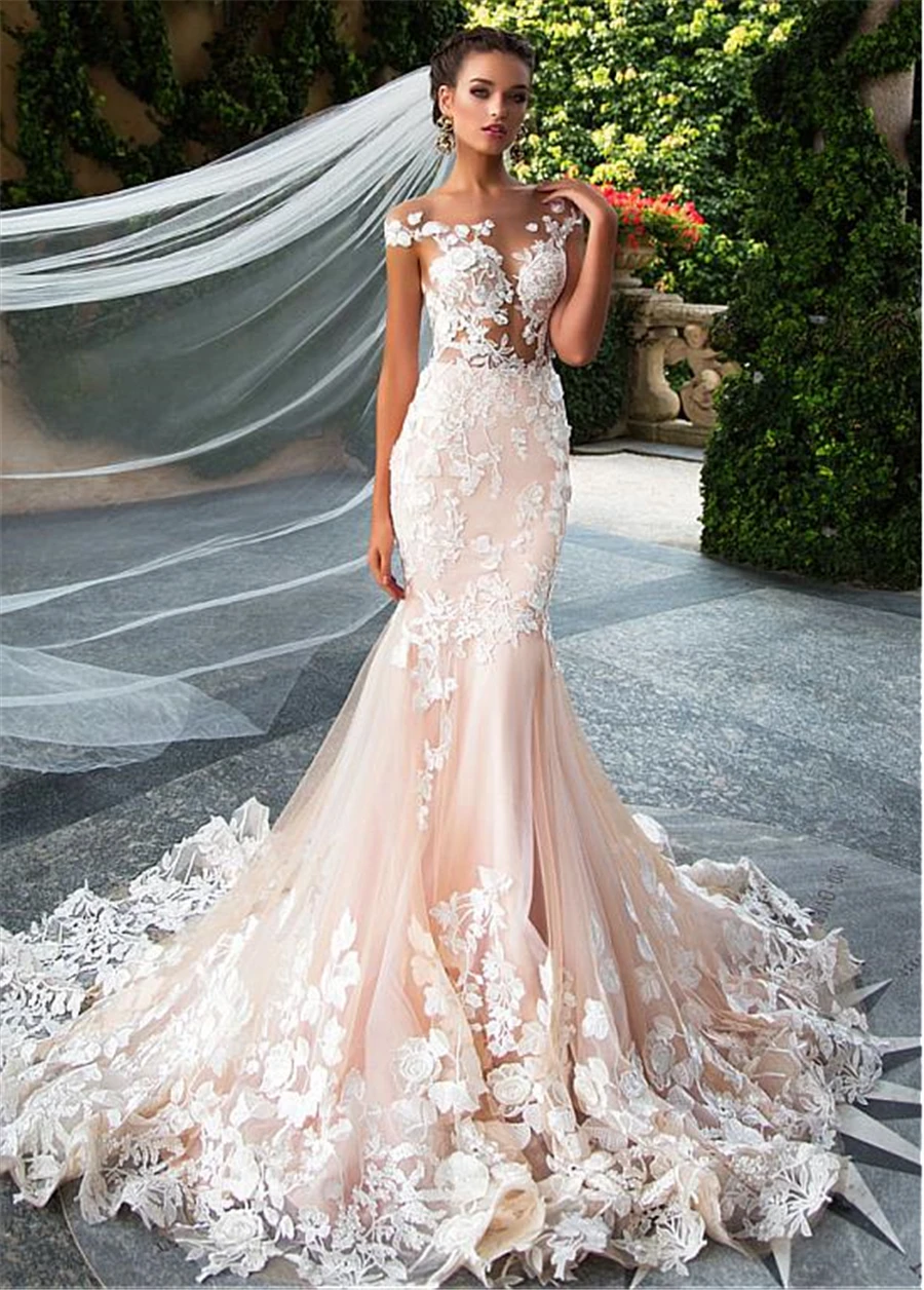 Glamorous-Tulle-Jewel-Neckline-See-through-Bodice-Mermaid-Wedding-Dresses-With-3D-Lace-Appliques-Pink-Bridal