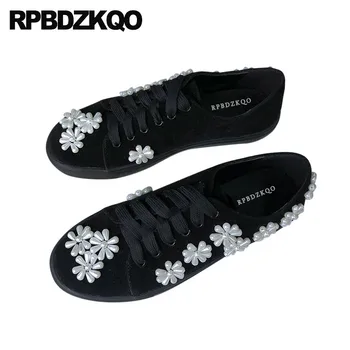 

Ladies Beautiful Flats Shoes Floral Fitness Pearl Trainers Flower Comfortable Suede Luxury Black Chinese Women Lace Up Sneakers