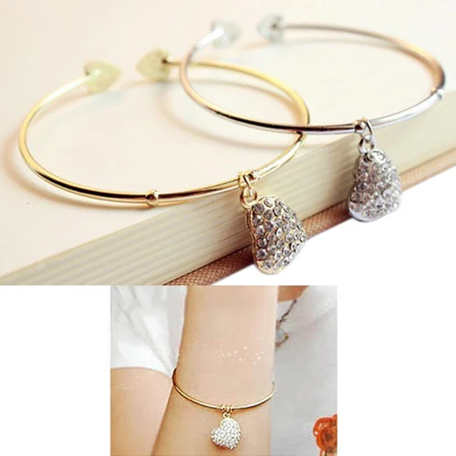 

Simple Style but Elegant Gold Silver Love Heart Rhinestone Pendant Open Slim Bangle