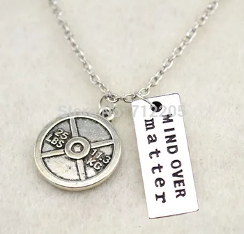 

Fitness Weightlifting jewelry 10pcs Vintage Circle 25LBS 11.3KG Weight Plate and MIND OVER matter Gym necklaces