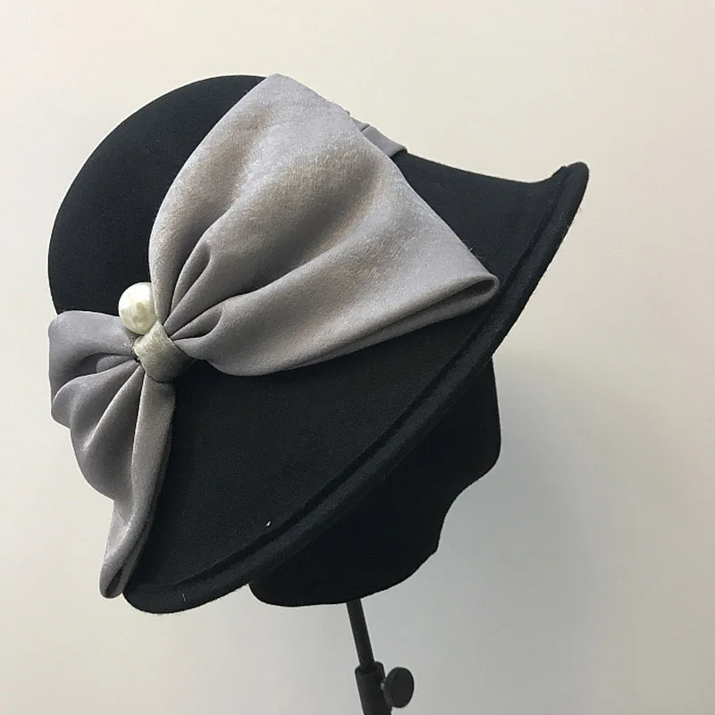 FGHGF Новая Элегантная шапка-котелок с бантом, Зимняя шерстяная шляпа-котелок для женщин, фетровая шляпа, фетровая шляпа черного, красного, верблюжьего цвета