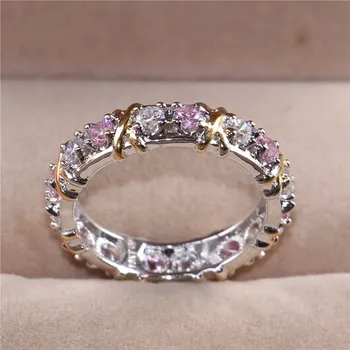 

Lady's 925 Sterling Silver pink Tanzanite Couple rings Yellow Gold Cross Eternal Band Wedding Ring for Women Jewelry size 5-10