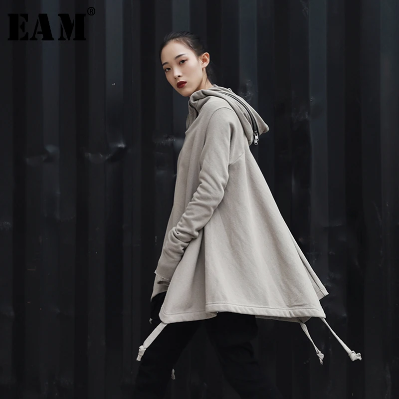 

[EAM] 2019 New Autumn Winter Hooded Long Sleeve Khaki Hem Irregular Ribbon Loose Big Size Jacket Women Coat Fashion Tide JR502