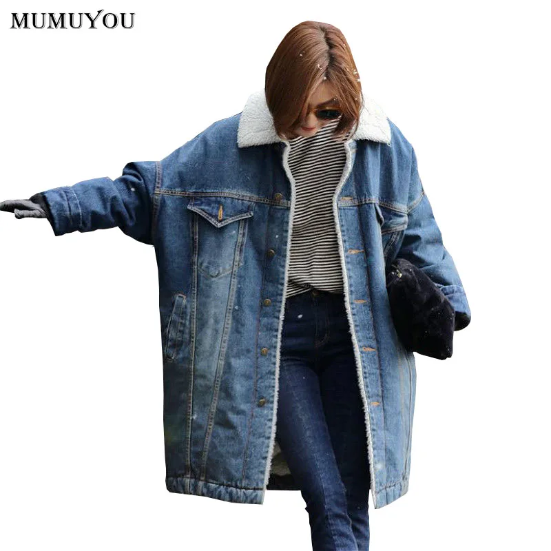 

Women Fleece Denim Jackets Solid Office Lady Turn-down Collar Single Breasted Loose Long Coats Winter Warm Harujuku 904-A624
