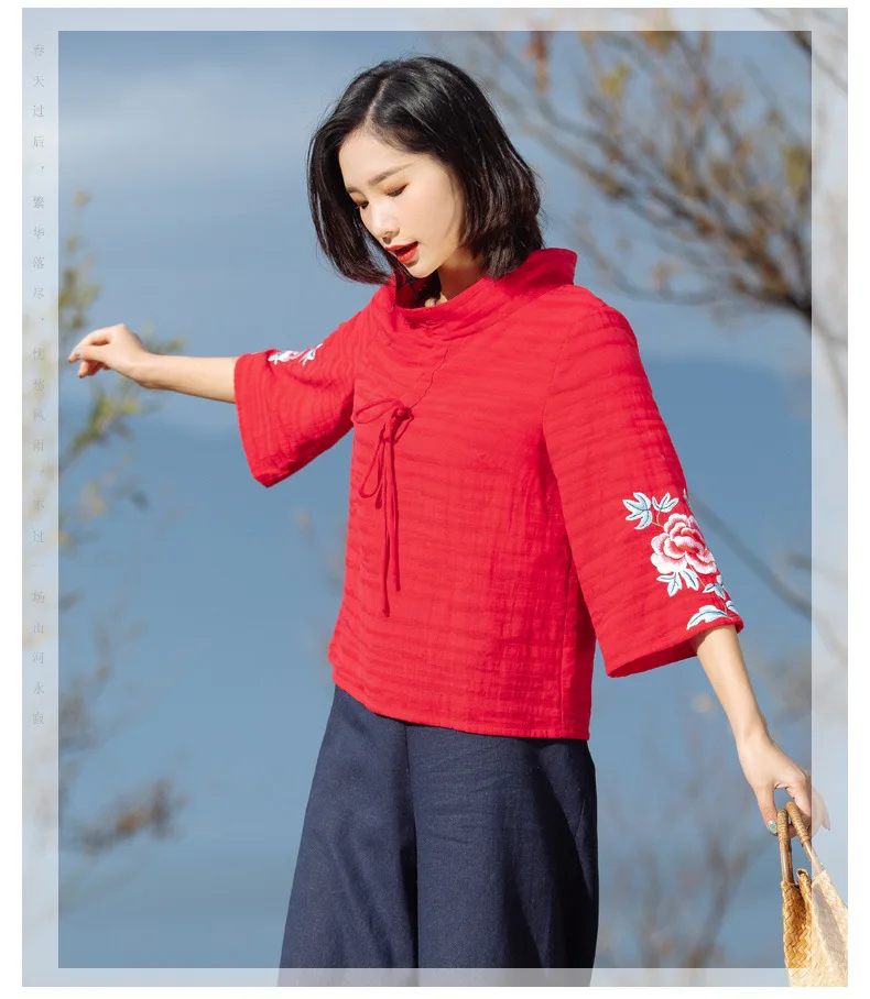 ZJN Women Tunic Blouse 2019 Spring Summer Basic Shirt Chinese Style Turtleneck 34 Sleeve Ladies Red Embroidery Sweatshirt Tops (10)