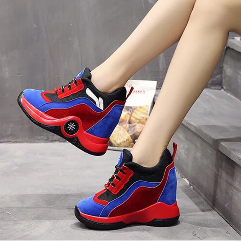 

fashion Girl lace up height increasing Vulcanized shoes woman high heels wedges hidden heel platform casual sneaker shoes LG-68