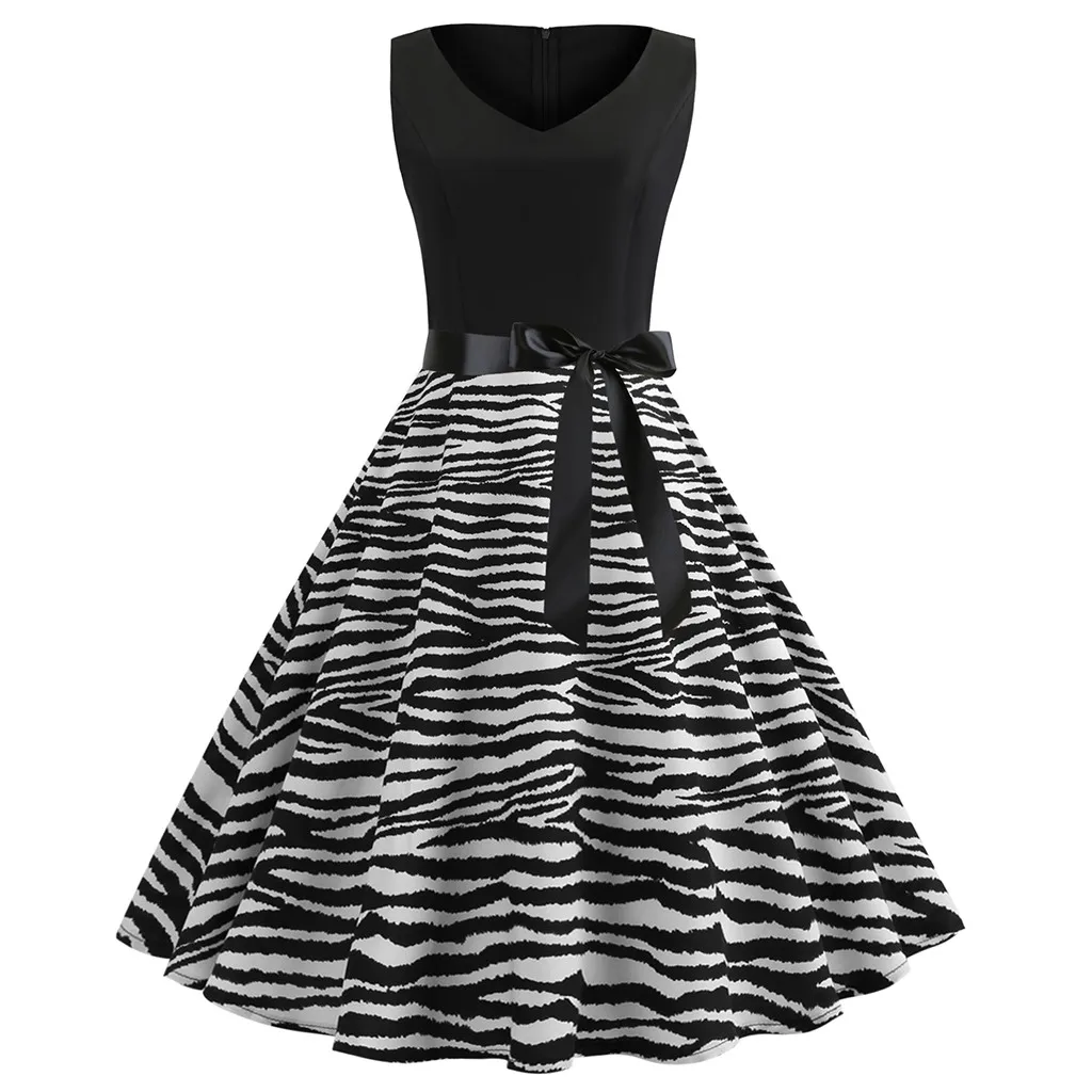 

2019 Women Vintage Print Dress 1950s Retro Sleeveless V-Neck Print Evening Party Swing Dress With Sashes