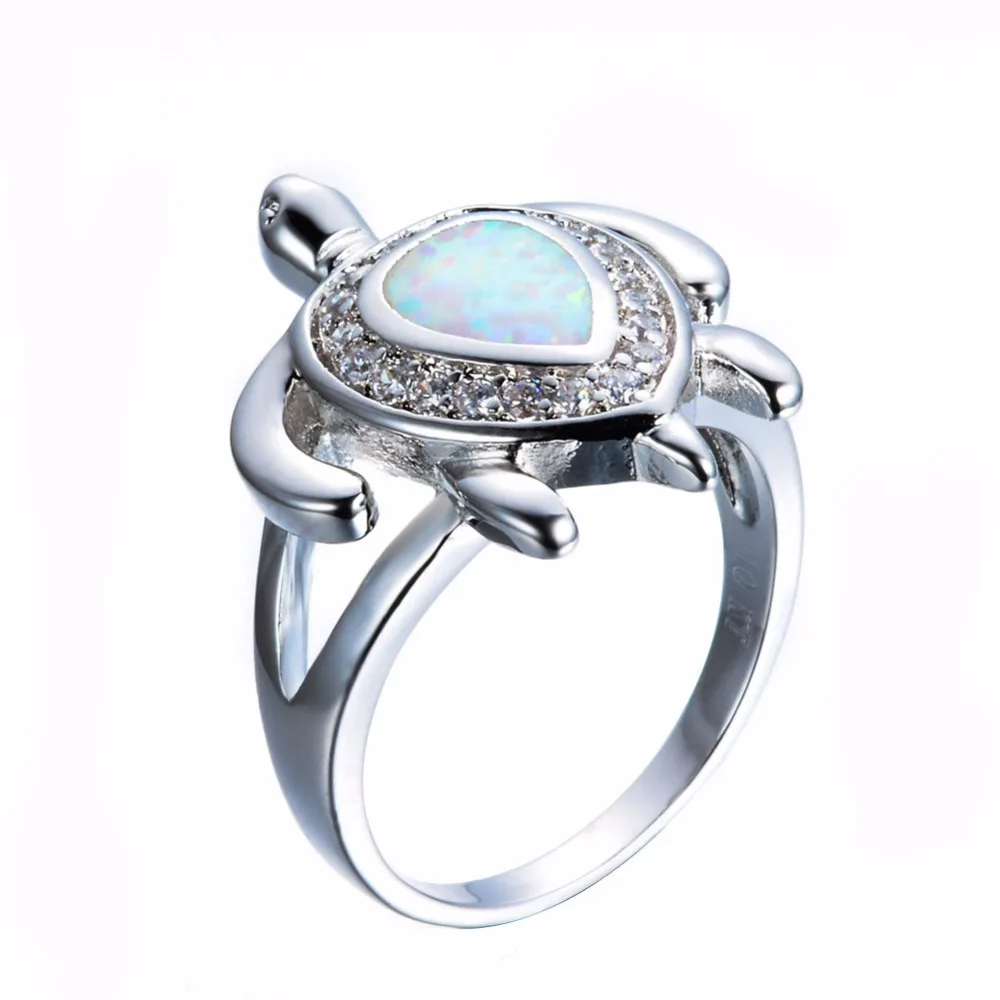 925 стерлингового серебра Роскошные хрустальные кольца Синий/Белый огненный опал кольца с украшением в виде черепахи для женщин