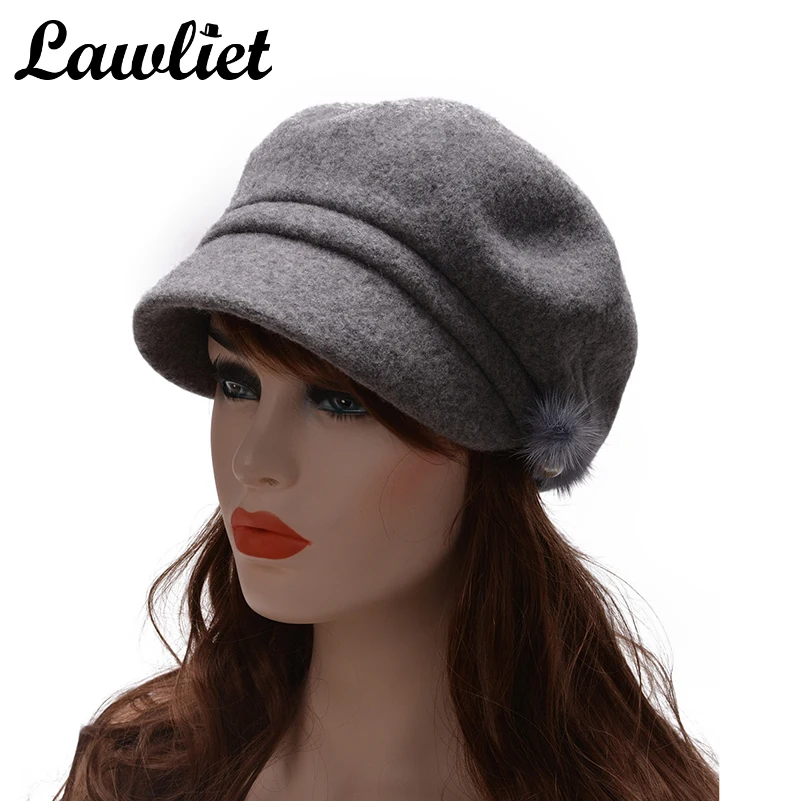 

Women Winter Hats Nice Gray Fur Bobble Pearl Wool Beret Hats Ladies Visor Cap Newsboy Warm Winter Fedoras Cap T279