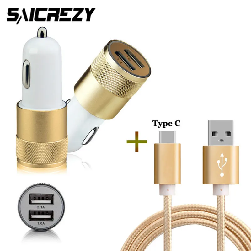 2Ports Aluminum 2.1A Universal USB Car Charger +USB Type C Nylon Cable