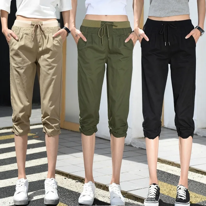 Elastic Waist Women Capris Pants Summer 2020 Plus Size Casual For Women Solid Color Capris Calf-Length Pants Elastic Waist Women Capris Pants Summer 2020 Plus Size Casual For Women Solid Color Capris Calf-Length Pants