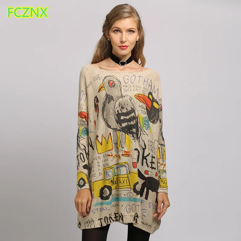 

2019 women clothing batwing sleeve cartoon print relaxed sweater long Tops Female casual loose pullovers knitted jumpers 6304