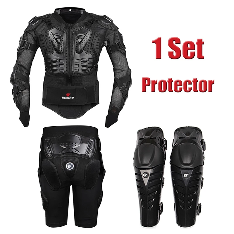 Защитное снаряжение для езды на мотоцикле, мотокросса, бездорожья, Задняя поддержка, полная защита для корпуса, куртка+ шорты фижмы+ наколенники - Цвет: Черный