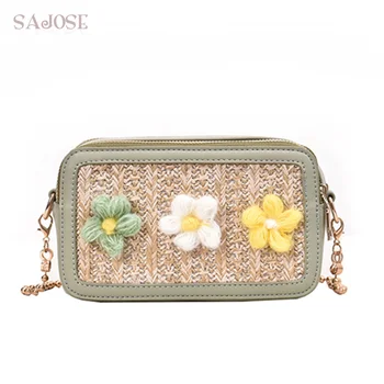 

Crossbody Bag For Girl Fashion Straw+Leather Handbag Women Summer Rattan Bag Handmade Woven Beach Flower Shoulder Messenger Bag