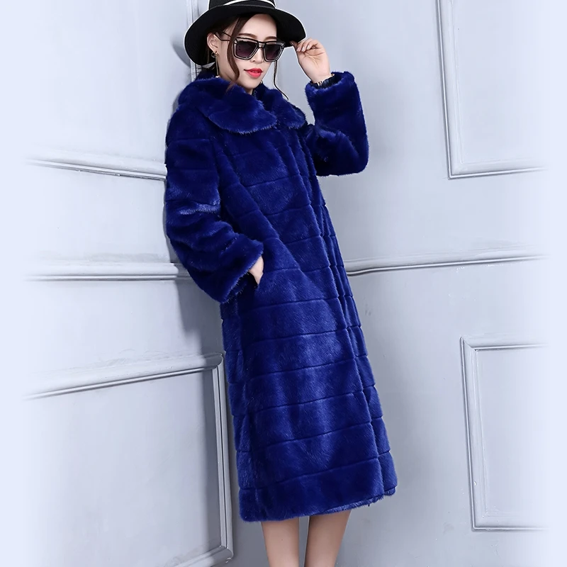 Elegant Royal Blue New 2018 Winter Women Slim Imitation Mink Fur Coats