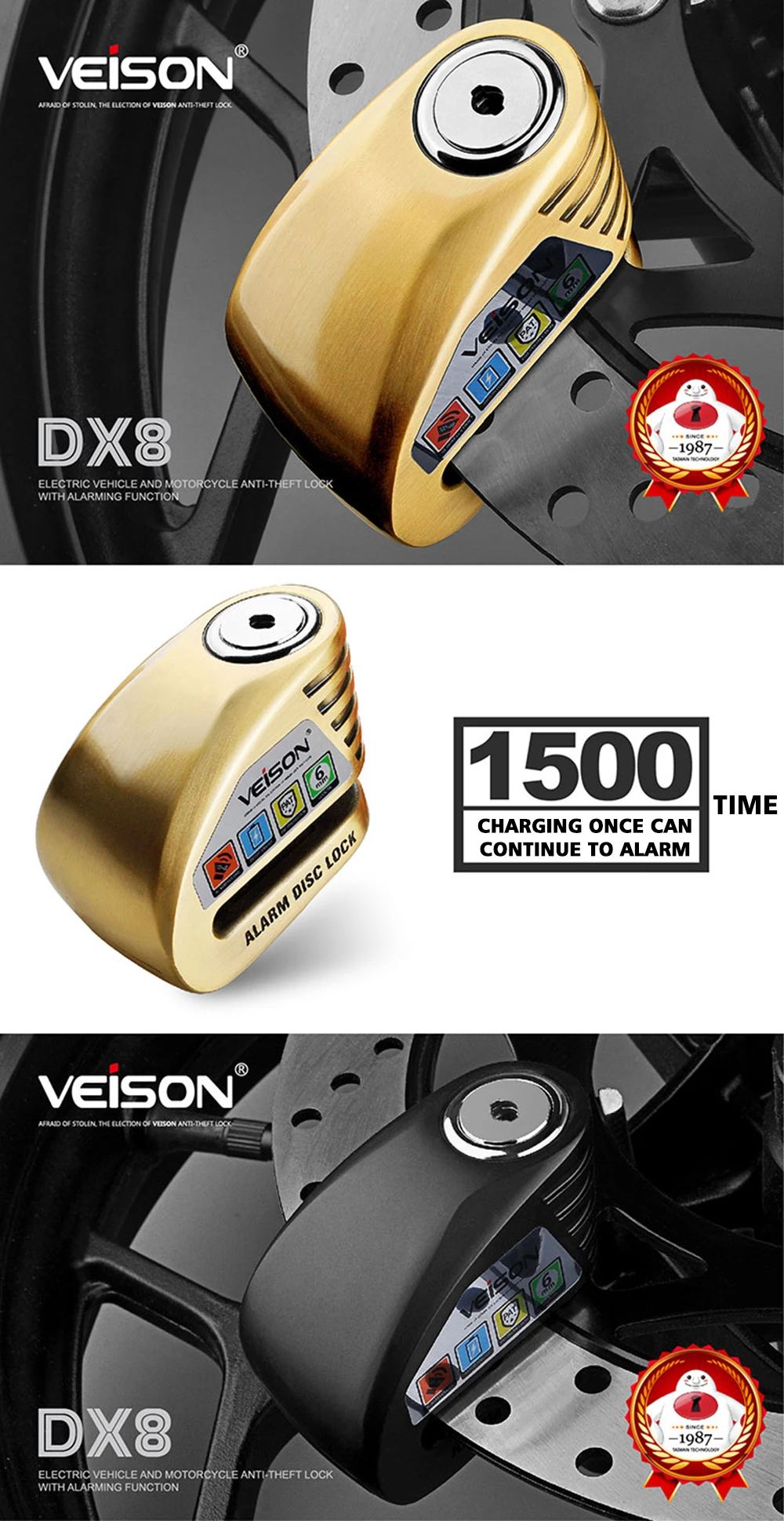 DX8 USB зарядка Предупреждение безопасности с Механизмом Блокировки дискового тормоза мотоцикла велосипедный Противоугонный замок скутер Водонепроницаемый защиты от кражи 6 мм поршневой палец