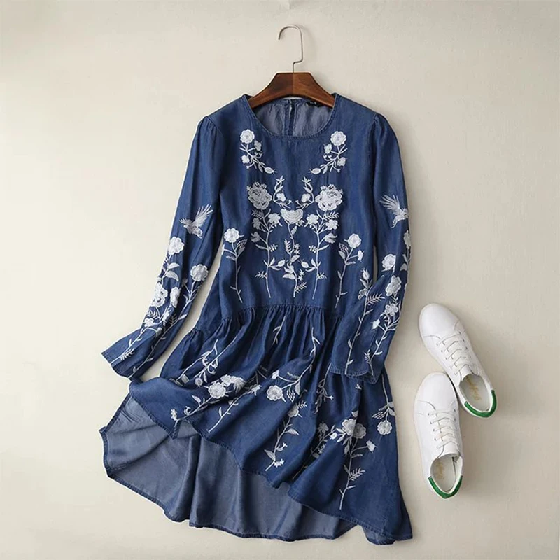 Женское джинсовое платье с цветочной вышивкой, с круглым вырезом, с длинным рукавом, повседневное летнее платье, Брендовое, vestido bordado размера плюс, APWM113