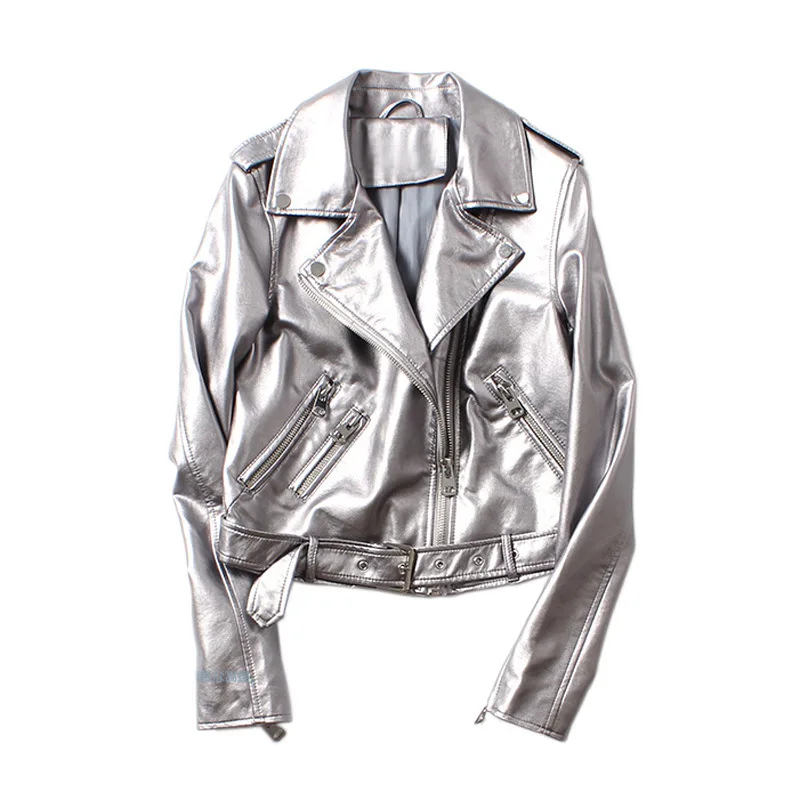 Very best  OLGITUM New 2019 Autumn Style Silver Female PU Washed Motorcycle leather belt Leather Jacket White 