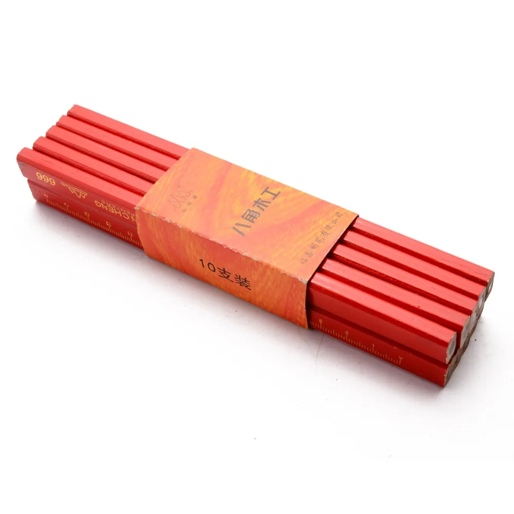

10pcs/set Carpenter Square Pencils Bright Red Builder Timber Woodworking Marking Tool