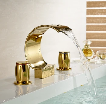 

Bathroom Waterfall Spout Basin Faucet Gold Finish Doublle Handles Mixer Tap