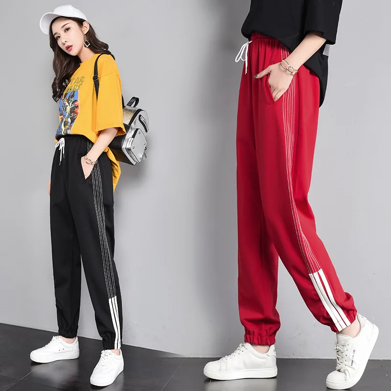 

cargo summer pants for women 2019 stripe sweatpants fashionable baggy trousers girl punk red black female joggers pantalons
