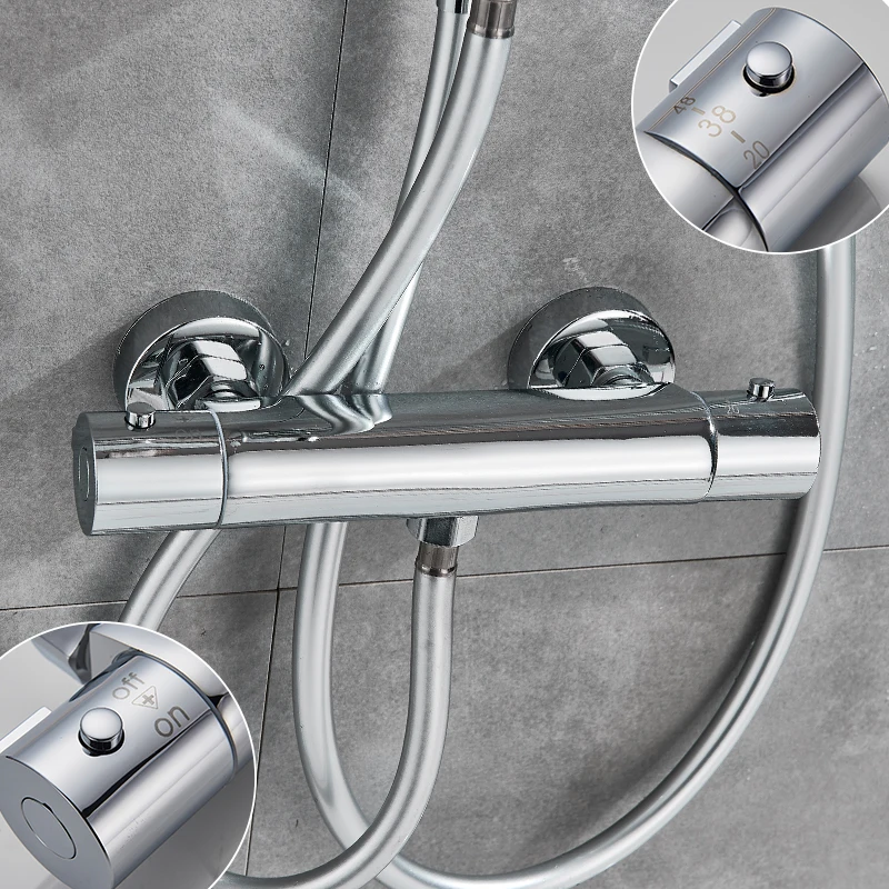 quyanre wanfan chrome thermostatic shower faucet set 8 inch rainfall shower head with handheld shower with tub spout thermostatic mixer bathtub shower faucet5
