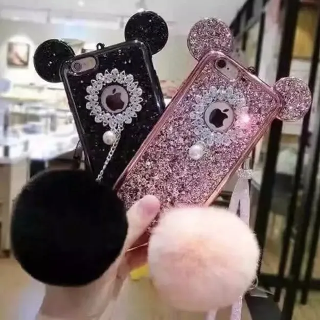 

Luxury Sparkling Jewels Ear Warm Rabbit Fur Ball Tassel Case Pearl Glitter Case Cover for SamsungS6 S6EDGE S7 S7 EDGE S8 S8 PLUS