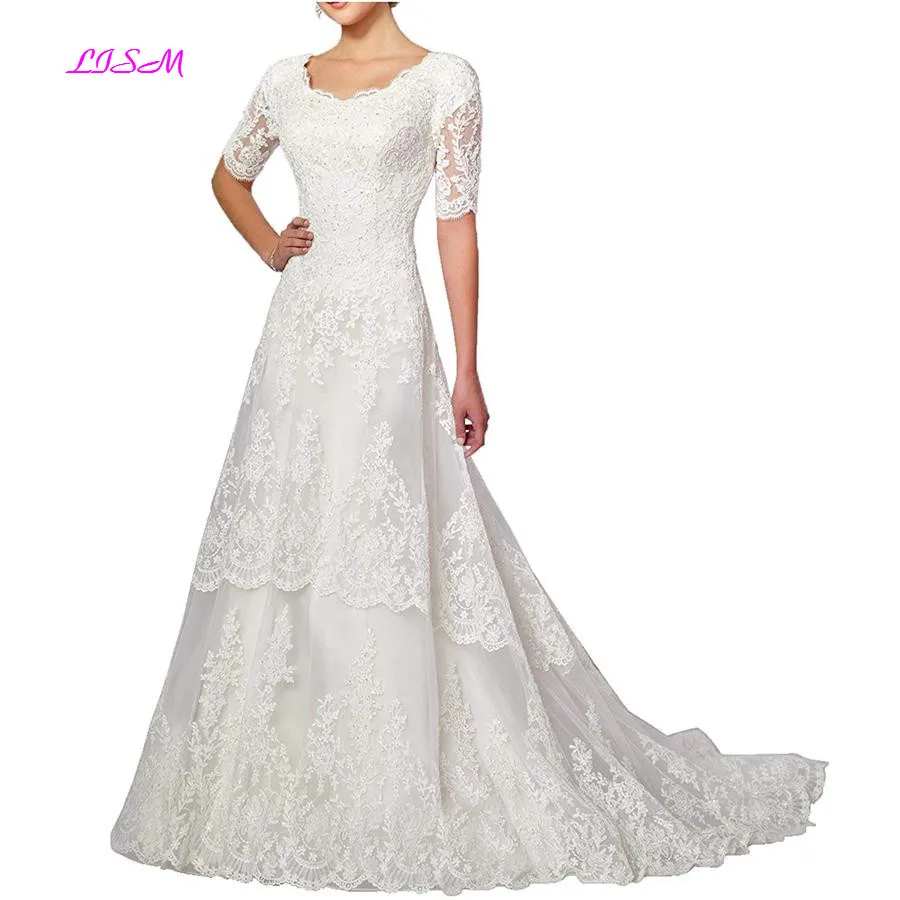 Скромное ТРАПЕЦИЕВИДНОЕ кружевное свадебное платье для невесты с короткими рукавами Тюлевое свадебное платье es Long аппликации для свадебных платьев robe de mariee