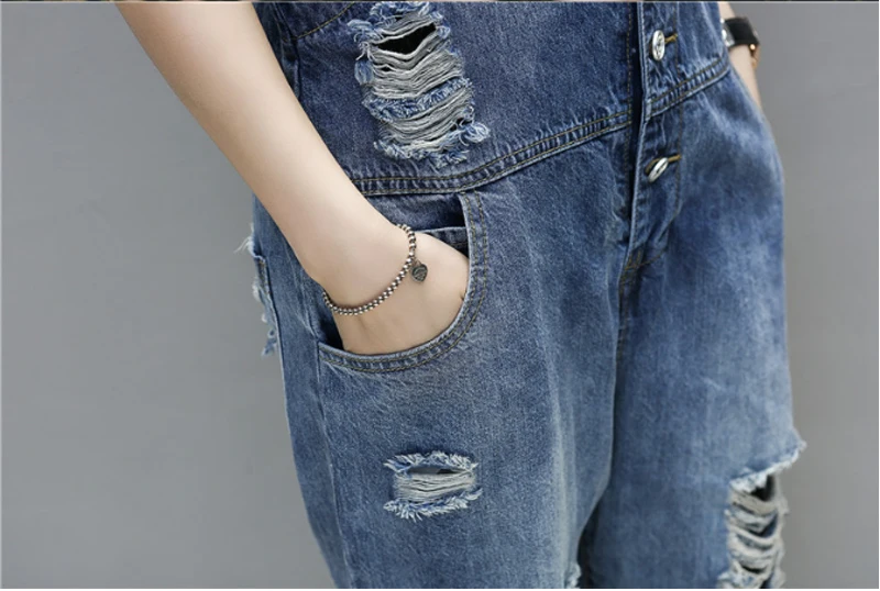 Новинка 2018 г. Модные женские рваные джинсы комбинезон на подтяжках свободные рваные комбинезоны джинсы для женщин с пряжками до щиколотки