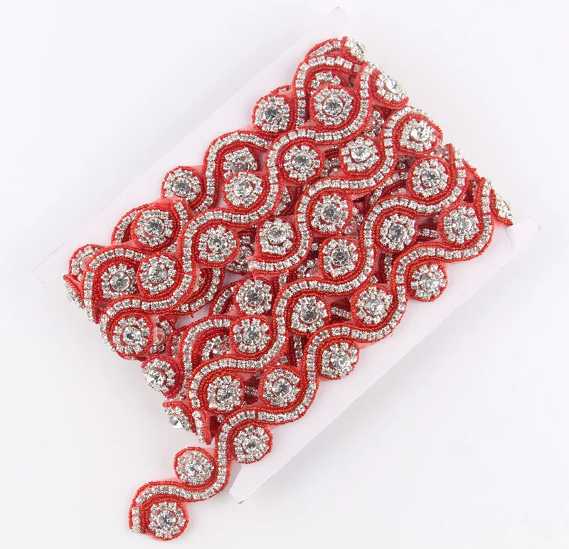 1Yard Sewing New Design Red Rhinestone Applique Patch Trim Hot Fix