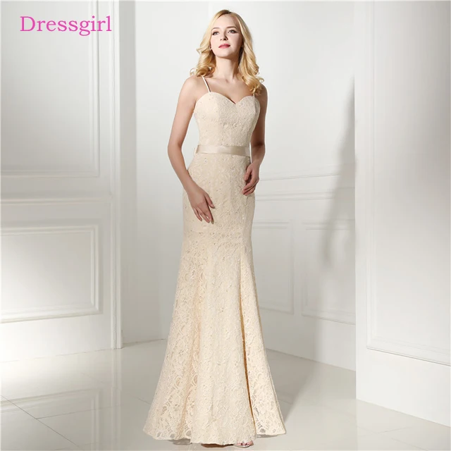 

Champagne Evening Dresses 2019 Mermaid Spaghetti Straps Lace Bow Backless Long Evening Gown Prom Dress Robe De Soiree