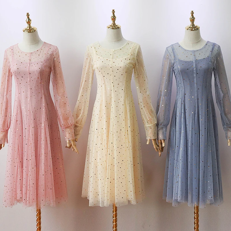 

Sweet New Design Mesh Long Sleeve Elegant Turtleneck Mid-Calf Casual Sexy White Black Pink Blue Spring and Autumn Dress Women