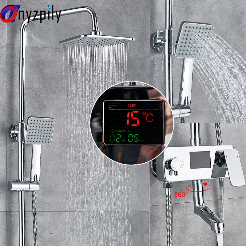 

Chrome LCD Digital Shower Faucet Set Rainfall Shower With Digital Display Hot Cold Water Mixer Swivel Tub Spout Bath Shower Kit
