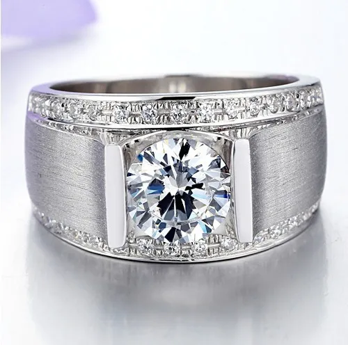 Solid 14K White Gold AU585 Men's Ring 1CT Round Diamond Wedding Ring For Men D Color VVS1 Brilliant Forever 3