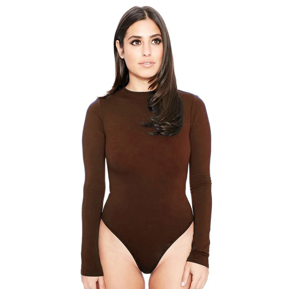 Wendywu сексуальный женский коричневый с круглым вырезом и длинным рукавом облегающий бандажный купальник тонкий короткий комбинезон - Цвет: ML19074 Bodysuit