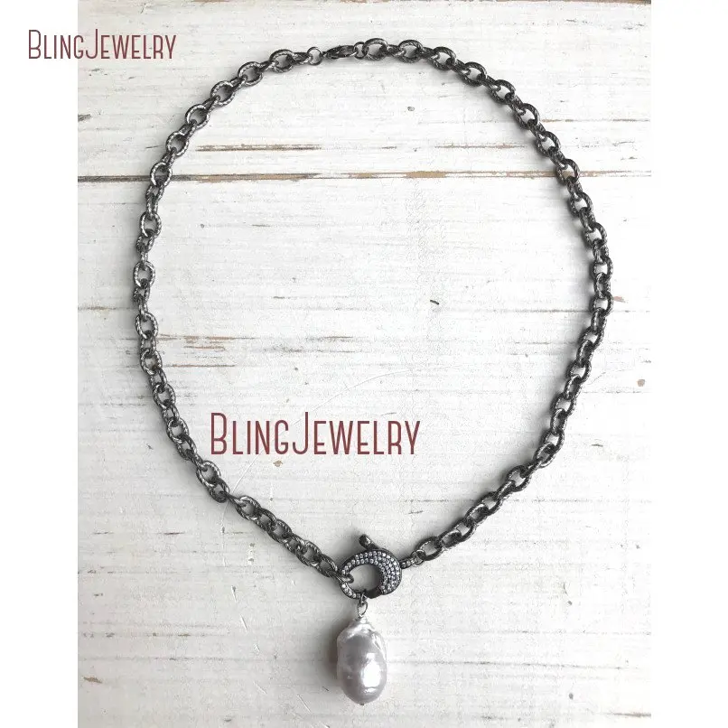 20181010-NM18362-pave crystal clasp choker with gray freshwater baroque pearl pendant on gunmetal texturized chain