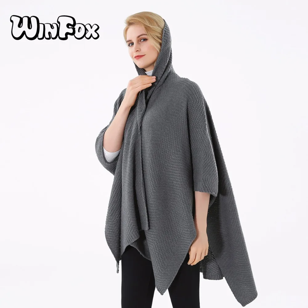 

Winfox 2018 New Brand Fashion Winter Black Grey Color Sweater Coat Poncho and Cape Scarf For Womens