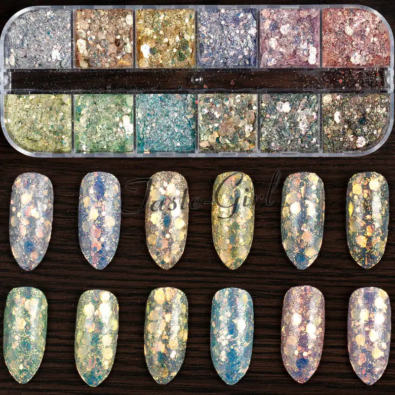 

12 Grids Gradient Mermaid Flake Nail Glitter Hexagon Holo Sequins Powder 3D Manicure Nail Art Paillettes Decoration Tips