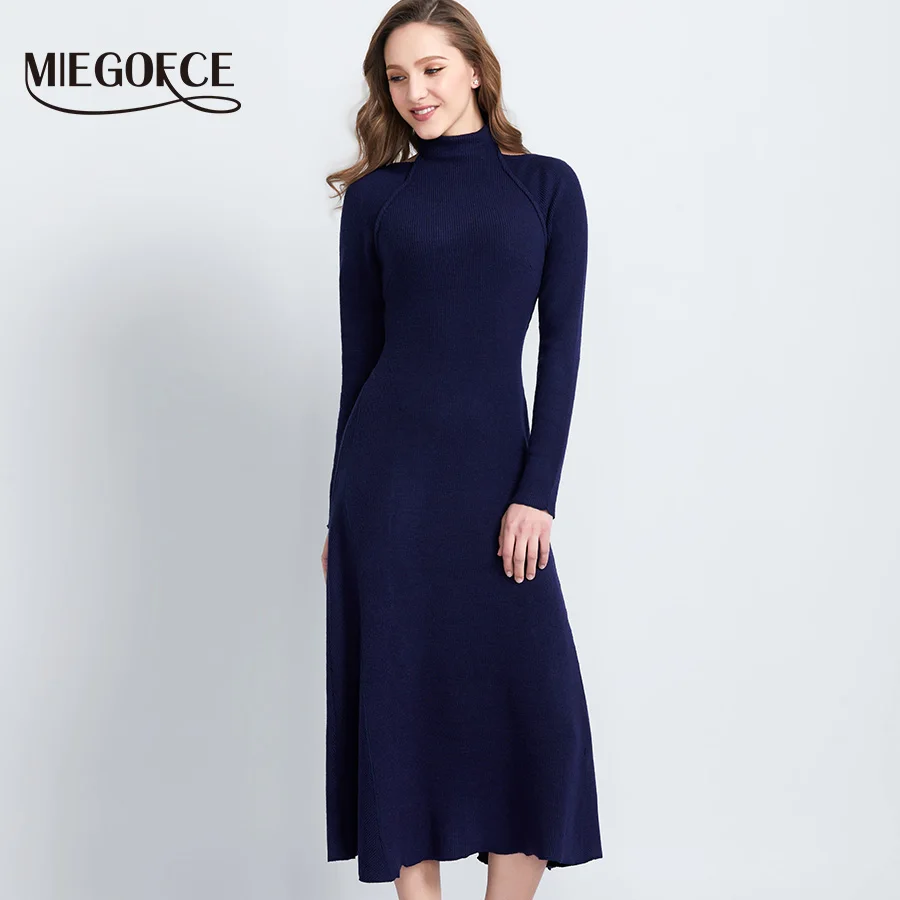 Women Knitted Dress Stylish High Collar Women Sweaters Good Quality Slim Office Dresses MIEGOFCE 