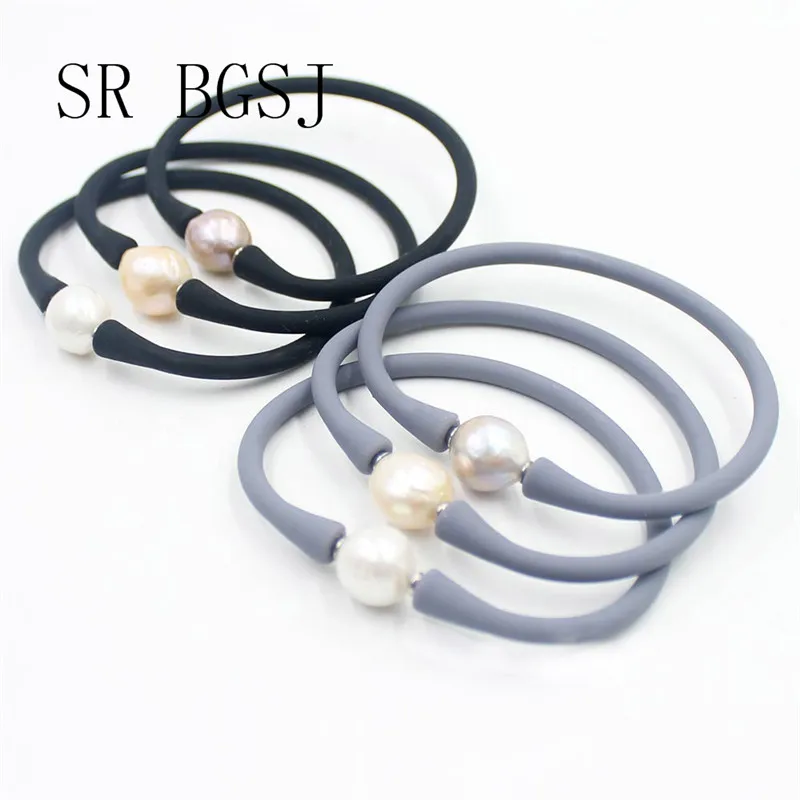 

Free Shipping 10-11mm Women Men Edision Freshwater Pearl Bead Silicone Rubber Stretch Bracelet 7"