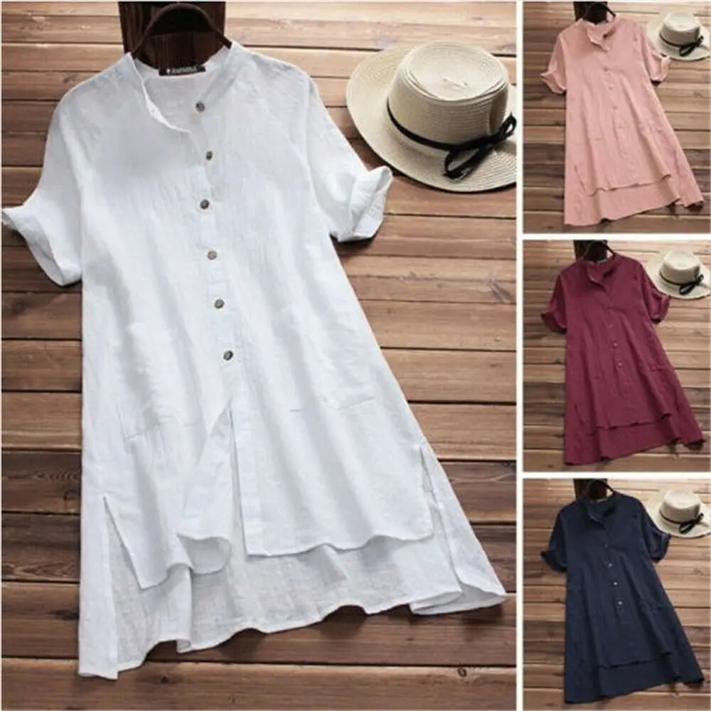 

Women Summer Solid V Neck Blouses Loose Button Short Sleeve Baggy Tops Tunic Shirt Plus Size M-3XL blusas mujer de moda 2019