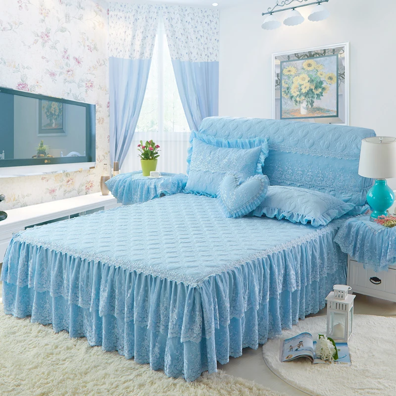 

Quilted Thick mattress cover 1.5x2m/1.8x2m/2x2.2m queen king size lace girls 4Pcs bedskirt set pillowcases girls bed room set