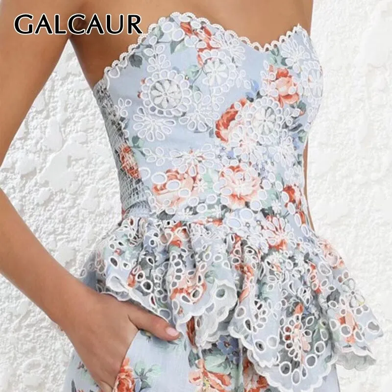 

GALCAUR Summer Print Sleeveless Shirt For Women Off Shoulder Hollow Out Patchwork Irregular Hem Slim Tops Female Fashion 2019