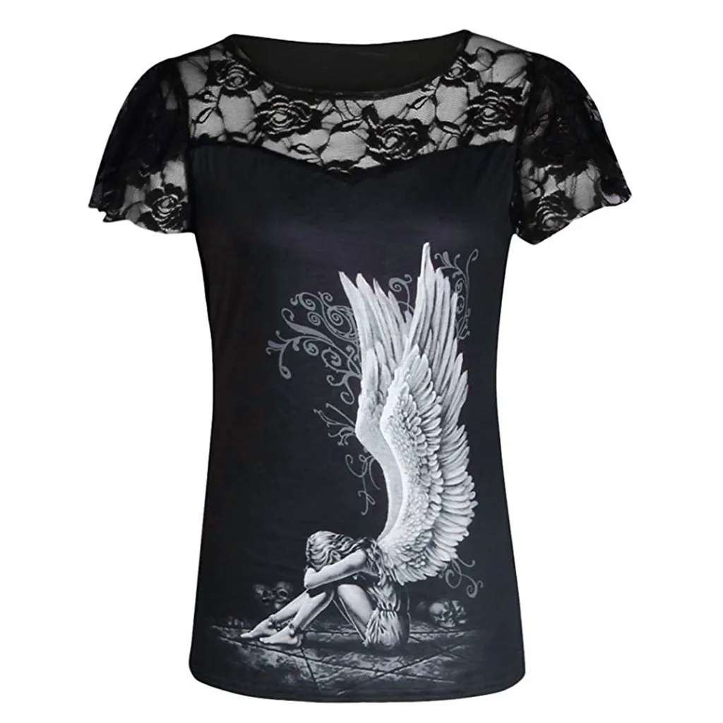 Крыло ангела, панк-рок, летняя футболка для женщин, Новое поступление, короткий рукав, женская рубашка, кружева, пэчворк, Цветочный Топ, рубашка# G6