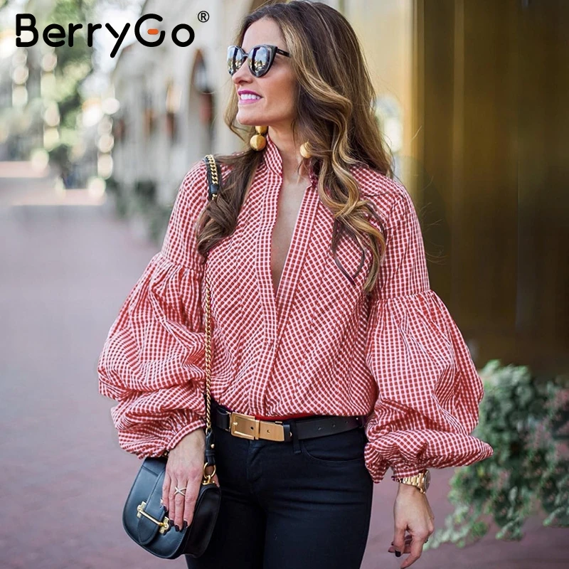 BerryGo Vintage puff sleeve plaid blouse shirt Causal summer women blouses blusas 2018 Black stripe blouse tops streetwear BerryGo Vintage puff sleeve plaid blouse shirt Causal summer women blouses blusas 2018 Black stripe blouse tops streetwear