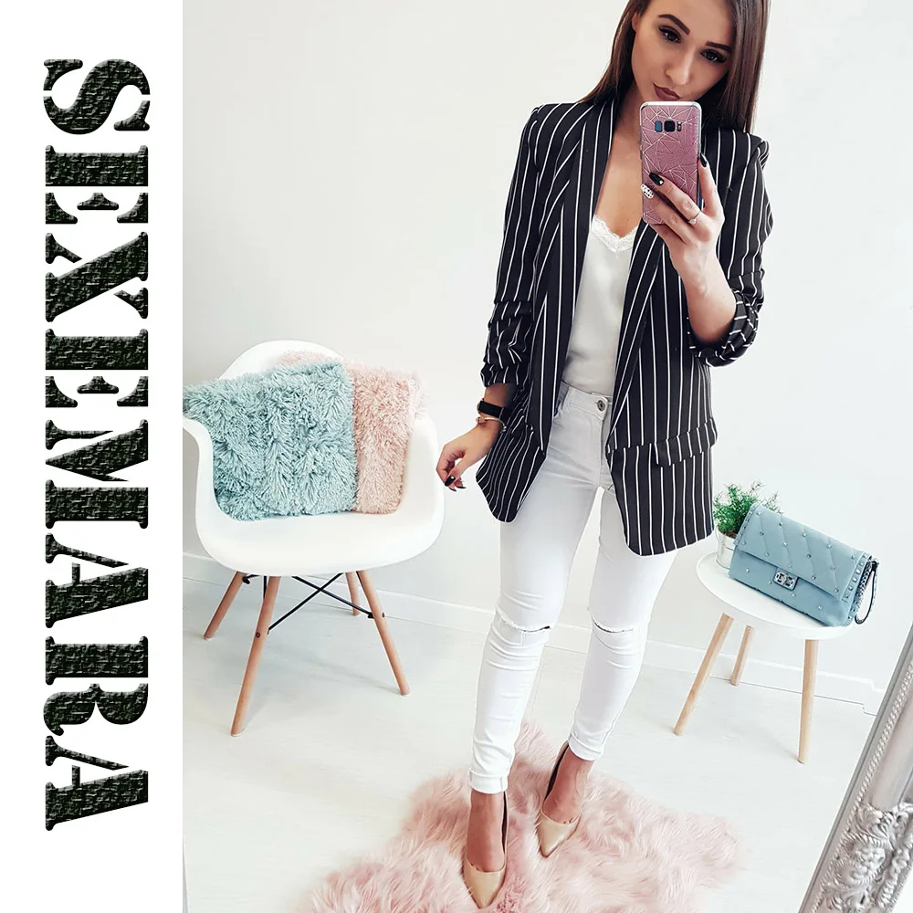  Women Striped Blazers And Jackets 2018 New Autumn Fashion Single Button Blazer Femenino Ladies Solid Long Style  Blazer Female