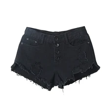 Fashion Women Destroyed Hole Fringe Tassel Button Jeans Summer Loose Vintage Denim Shorts Black/ White