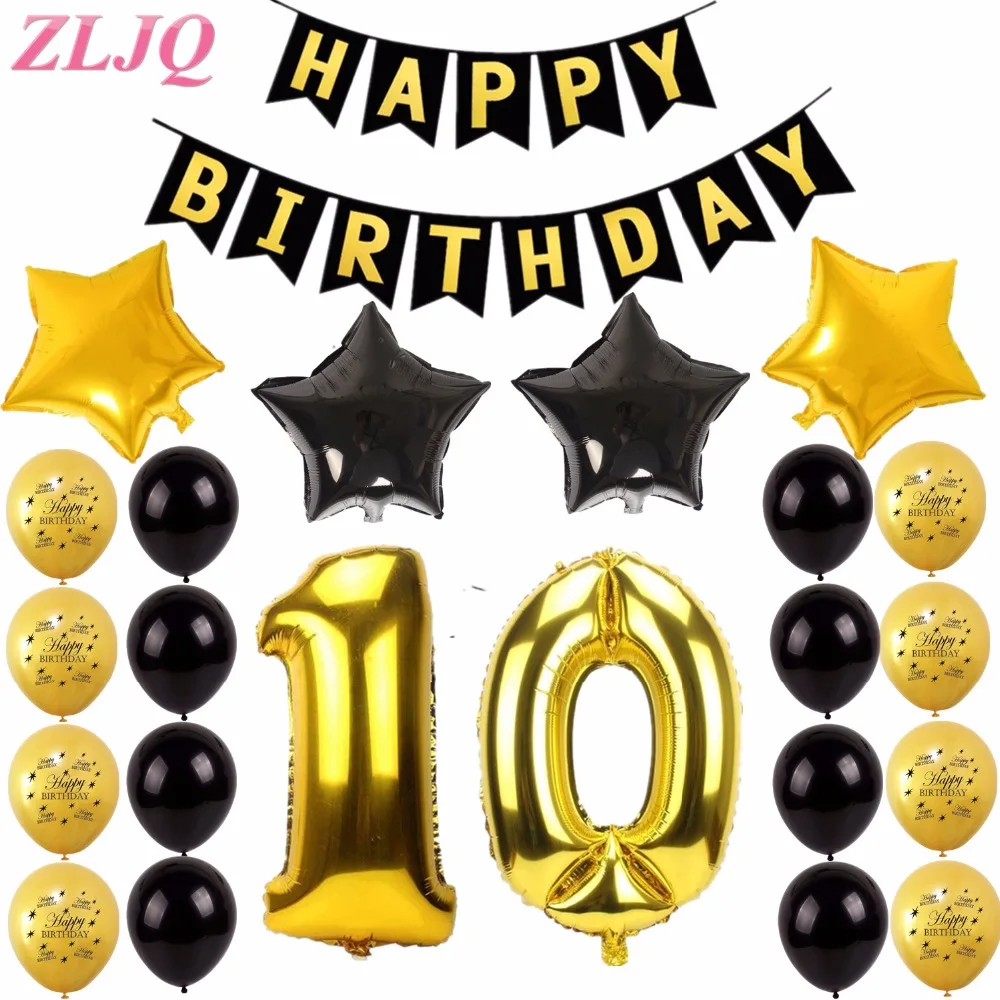 

ZLJQ 27PCS 10th 20th 30th 40th 50th Birthday Party Decorations Kit Happy Birthday Banner for Ten Years Old Bday Party Supplies